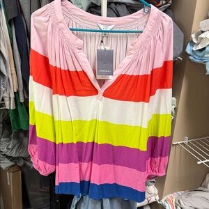 crown & ivy Pink Multicolor Striped V-Neck Tunic